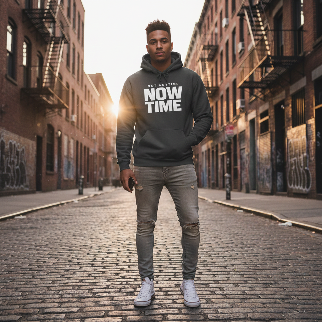 NANT Not Anytime Now Time motivational hoodie worn on a city street at sunset